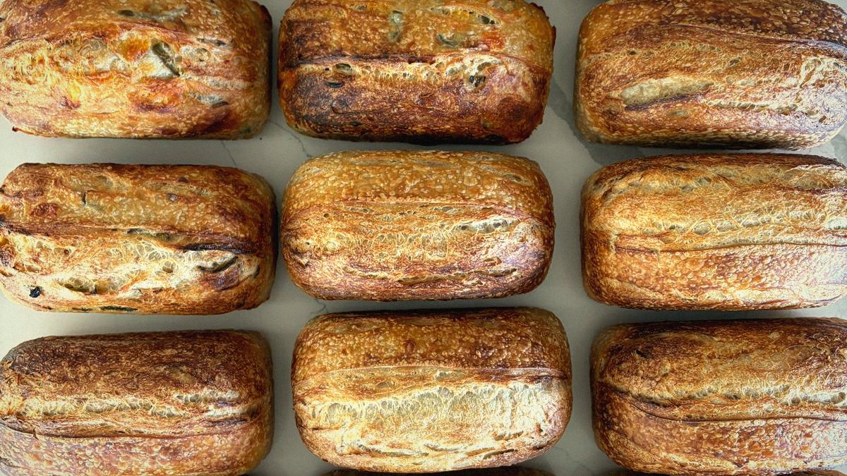 Rows of sourdough bagels
