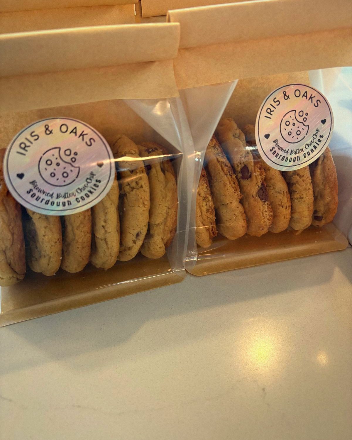 Iris & Oaks sourdough cookies, bagged and labeled